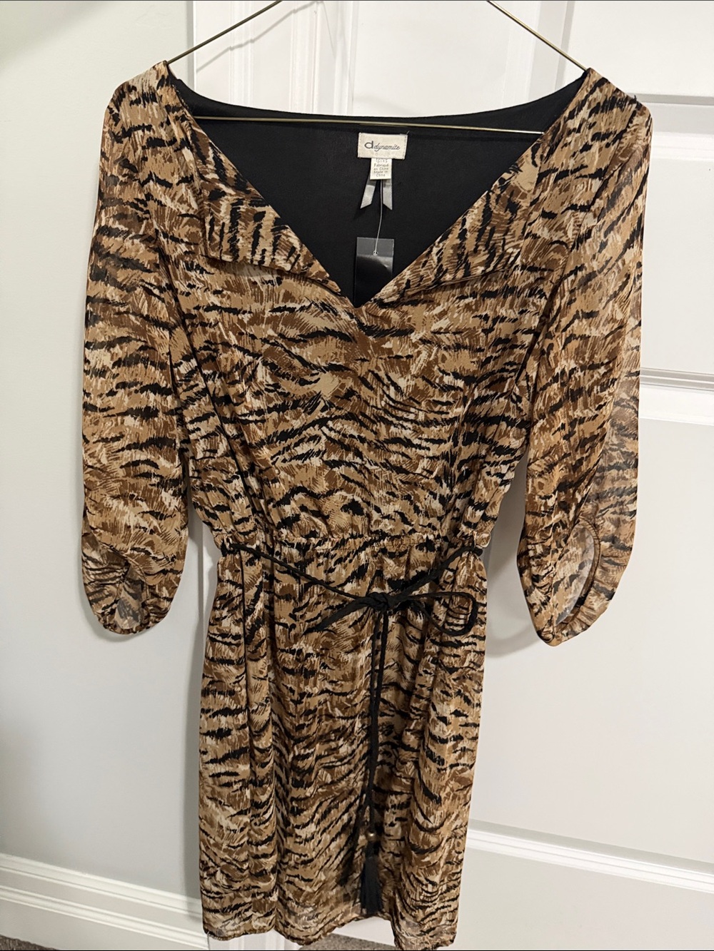 Dynamite Tan and Black Animal-Print Long Sleeve Dress